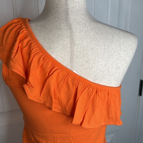 Loft Ruffle Ribbed One Shoulder Tank Top Sz M Orange - Picture 7 of 10
